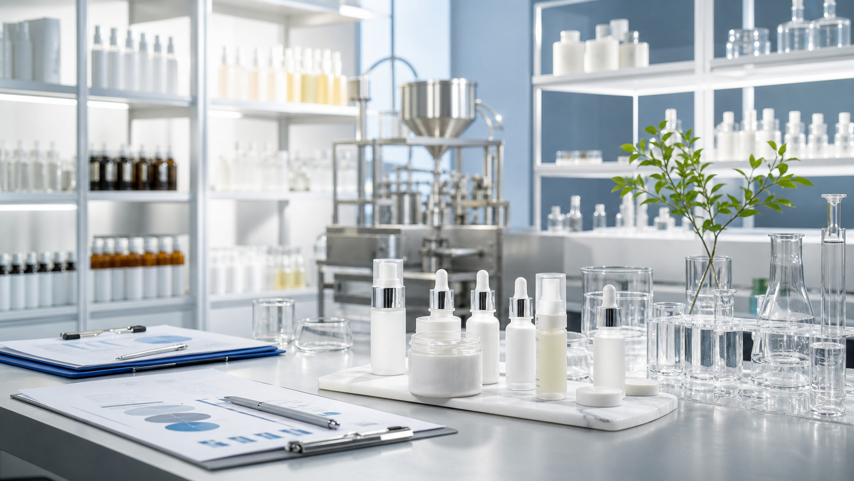 Cosmetic OEM ODM laboratory with skincare samples, filling equipment and quality control documents