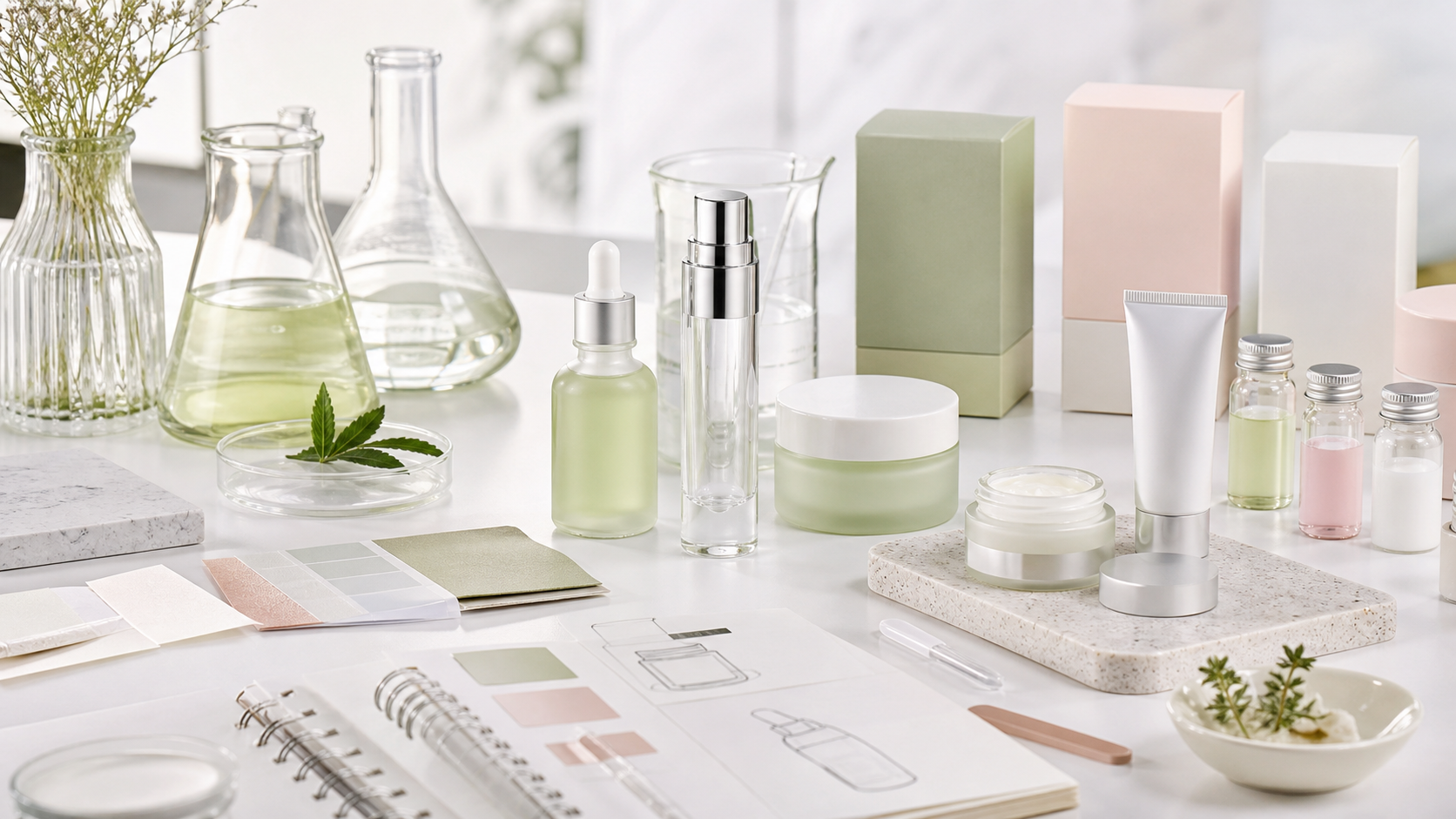 Private label skincare product planning with serum bottles, jars, packaging samples and formulation notes